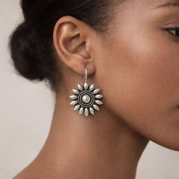 Silver_Brass_Oxidised_Sunflower_Blossom_Drop_Earrings_For_Women