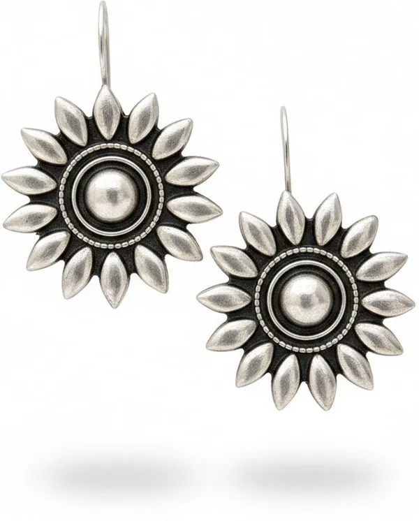 Silver_Brass_Oxidised_Sunflower_Blossom_Drop_Earrings_For_Women