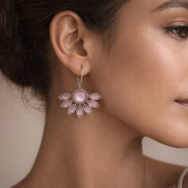 Pink_Dusky_Blossom_Oxidised_Silver_Marquise_Floral_Drop_Earrings_Brass_Drops_And_Danglers