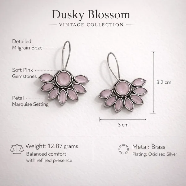 Pink_Dusky_Blossom_Oxidised_Silver_Marquise_Floral_Drop_Earrings_Brass_Drops_And_Danglers