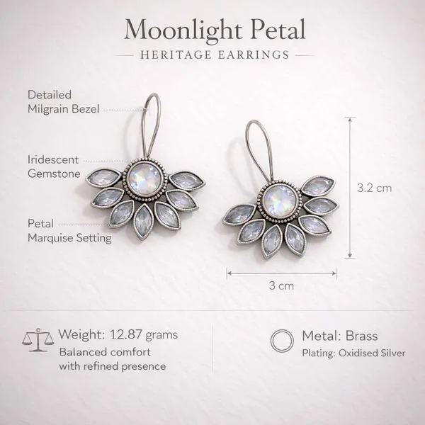 White_Moonlight_Petal_Oxidised_Silver_Iridescent_Floral_Drop_Earrings_Brass_Drops_And_Danglers