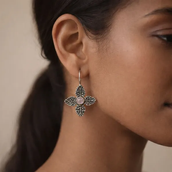 Grey_Amethyst_Blossom_Oxidised_Silver_Leaf_Drop_Earrings_Brass_Drops_And_Danglers