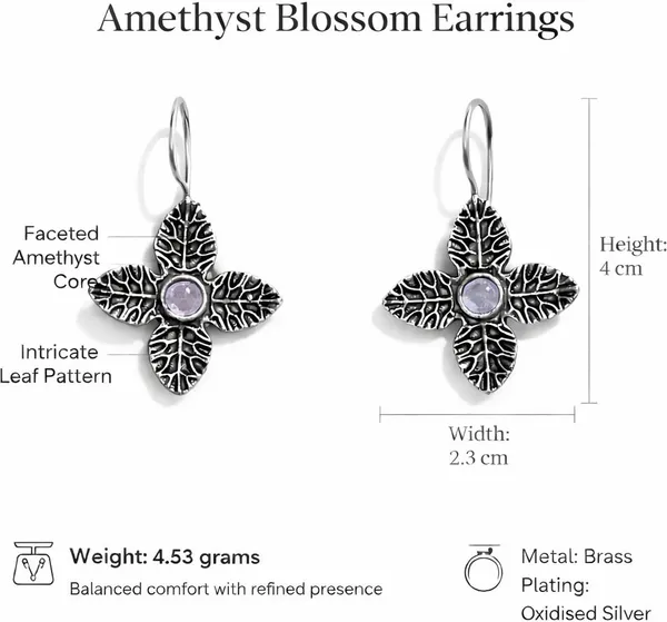 Grey_Amethyst_Blossom_Oxidised_Silver_Leaf_Drop_Earrings_Brass_Drops_And_Danglers