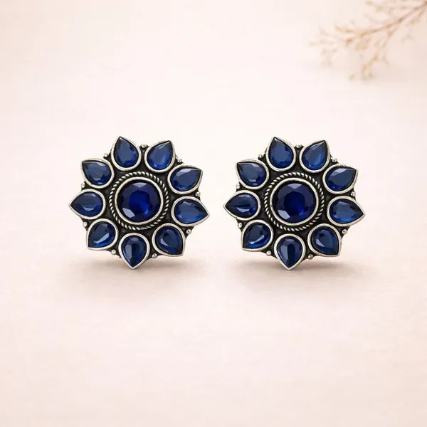 Blue_Sapphire_Brass_Oxidised_Mandala_Lotus_Stud_Earrings_For_Women
