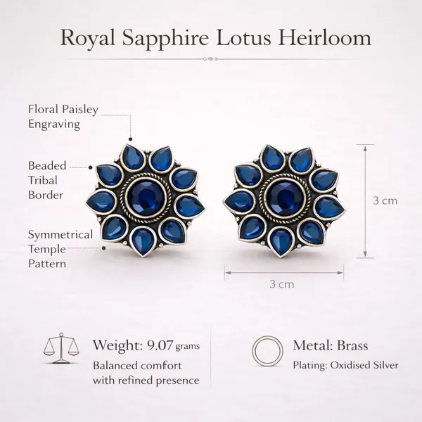 Blue_Sapphire_Brass_Oxidised_Mandala_Lotus_Stud_Earrings_For_Women