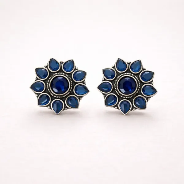 Blue_Sapphire_Brass_Oxidised_Mandala_Lotus_Stud_Earrings_For_Women