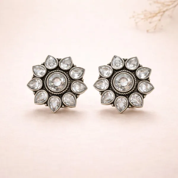 White_Crystal_Brass_Oxidised_Floral_Stud_Earrings_For_Women