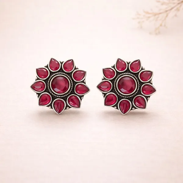 Red_Timeless_Ruby_Mandala_Oxidised_Floral_Stud_Earrings_Brass_Plug_Earring