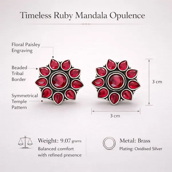 Red_Timeless_Ruby_Mandala_Oxidised_Floral_Stud_Earrings_Brass_Plug_Earring