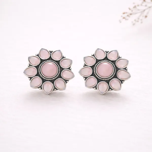 Pink_Brass_Glossy_Floral_Stone_Stud_Earrings_For_Women