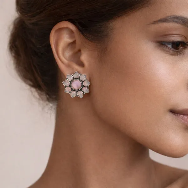 Pink_Brass_Glossy_Floral_Stone_Stud_Earrings_For_Women