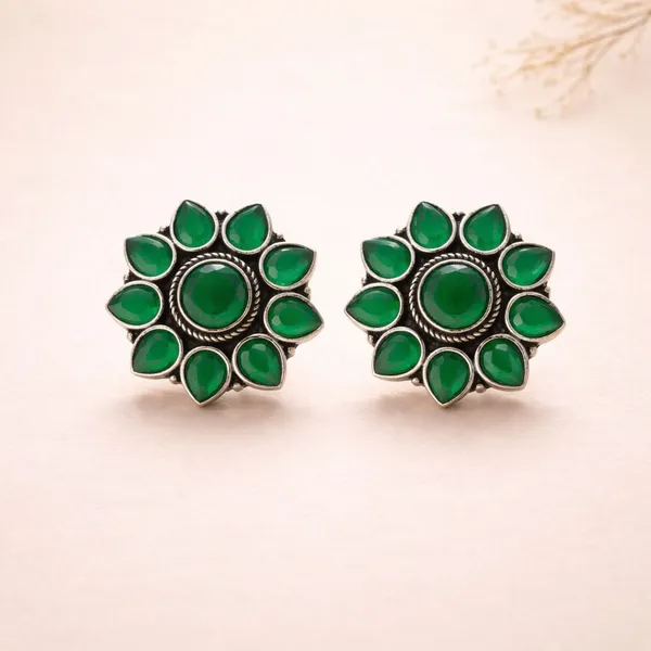 Green_Emerald_Chakra_Oxidised_Mandala_Floral_Stud_Earrings_Brass_Plug_Earring