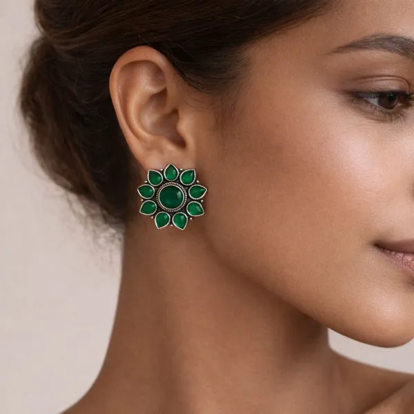 Green_Emerald_Chakra_Oxidised_Mandala_Floral_Stud_Earrings_Brass_Plug_Earring