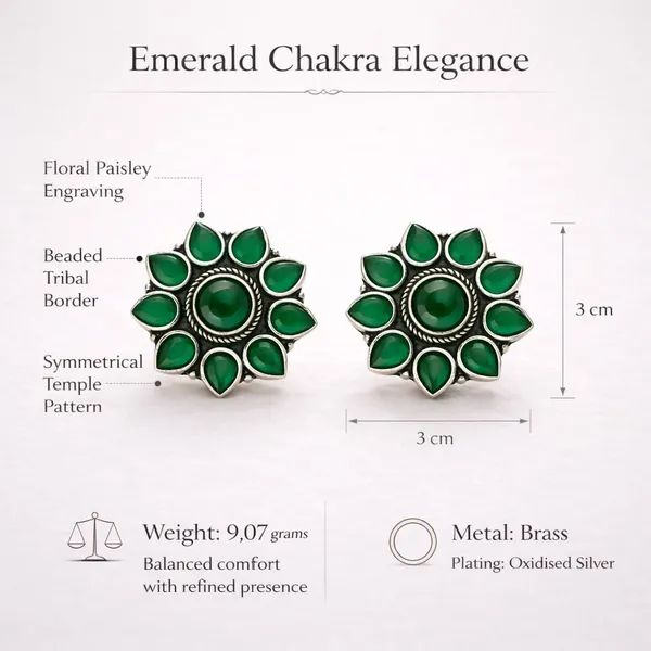 Green_Emerald_Chakra_Oxidised_Mandala_Floral_Stud_Earrings_Brass_Plug_Earring