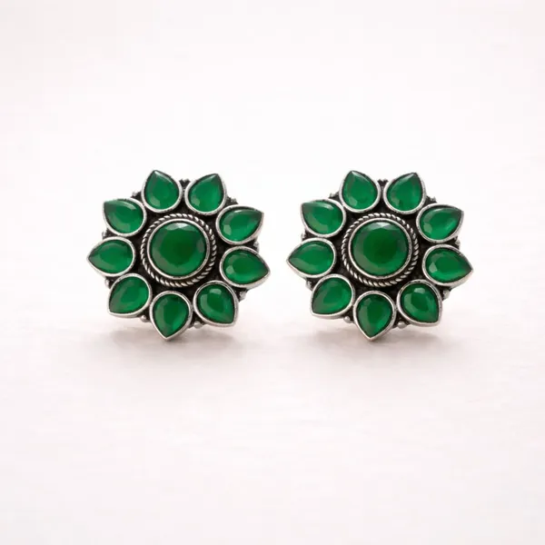 Green_Emerald_Chakra_Oxidised_Mandala_Floral_Stud_Earrings_Brass_Plug_Earring