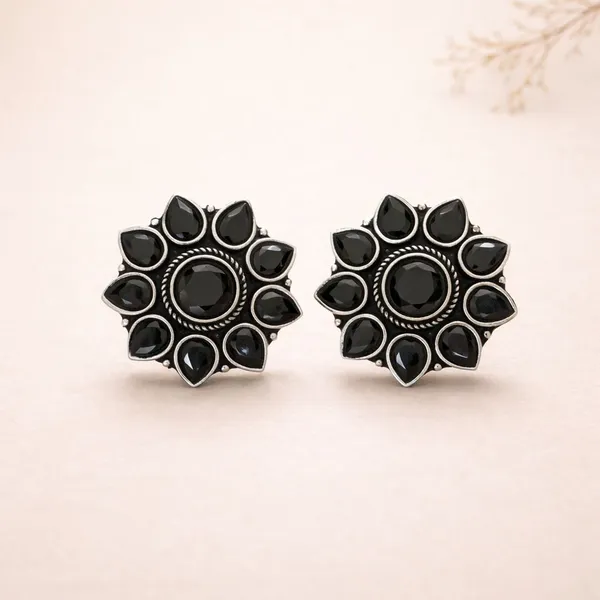 Black_Onyx_Lotus_Grandeur_Oxidised_Silver_Floral_Statement_Stud_Earrings_Brass_Plug_Earring