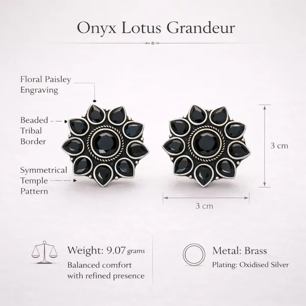 Black_Onyx_Lotus_Grandeur_Oxidised_Silver_Floral_Statement_Stud_Earrings_Brass_Plug_Earring