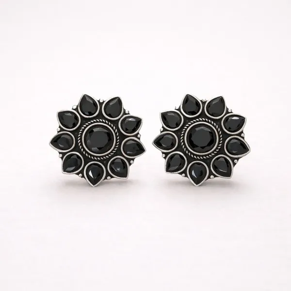 Black_Onyx_Lotus_Grandeur_Oxidised_Silver_Floral_Statement_Stud_Earrings_Brass_Plug_Earring