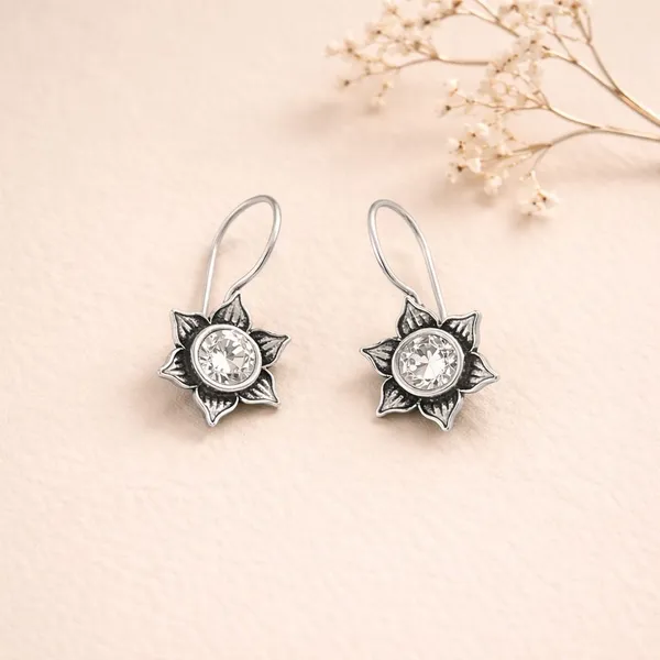 White_Stone_Brass_Oxidised_Floral_Star_Drop_Earrings_For_Women