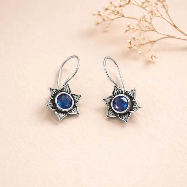 Blue_Stone_Brass_Oxidised_Floral_Star_Drop_Earrings_For_Women