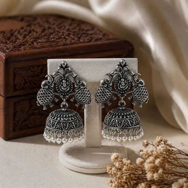 Silver_Brass_Matte_Ganesha_Classic_Jhumka_Earrings_For_Women