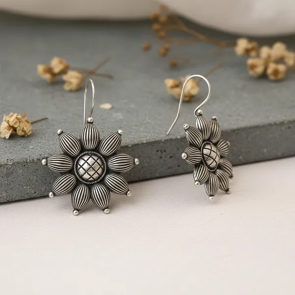 Silver_Brass_Oxidised_Sunflower_Mandala_Floral_Drop_Earrings_For_Women
