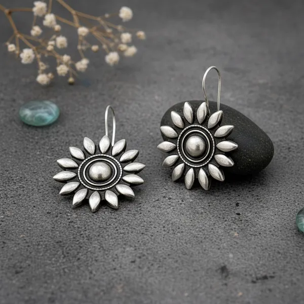 Silver_Brass_Oxidised_Sunflower_Blossom_Drop_Earrings_For_Women