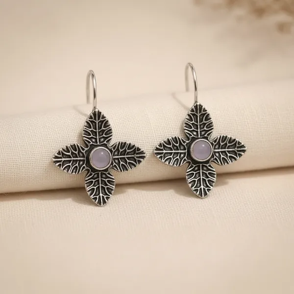 Grey_Amethyst_Blossom_Oxidised_Silver_Leaf_Drop_Earrings_Brass_Drops_And_Danglers