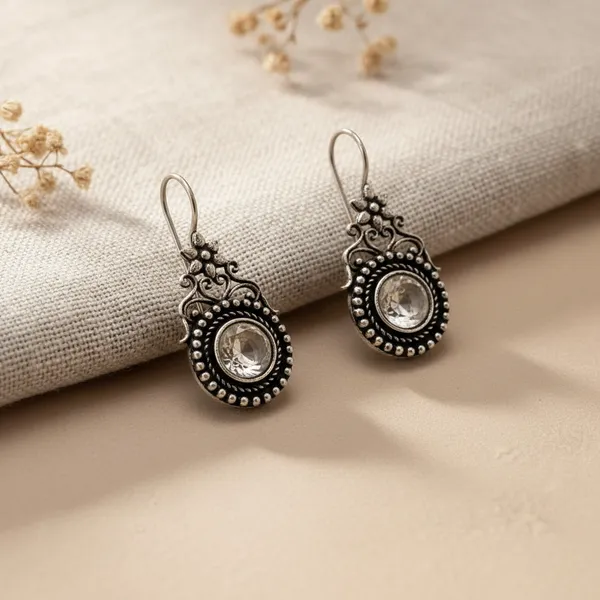 White_Moonlit_Topaz_Oxidised_Temple_Stone_Earrings_Brass_Drops_And_Danglers