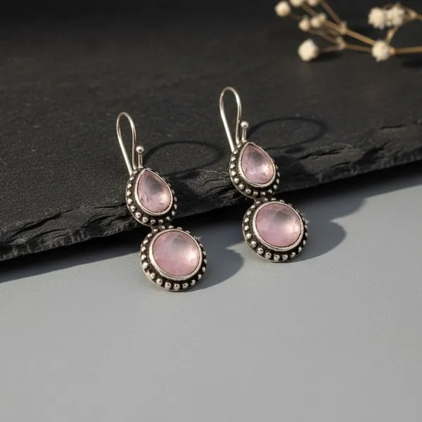 Pink_Chalcedony_Brass_Oxidised_Teardrop_Dangler_Earrings_For_Women