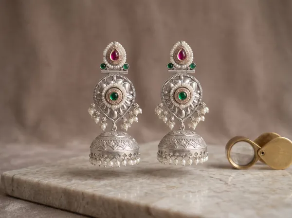 Silver_Pearl_Jhumka_Earrings_Green_Pink_Stone_Traditional