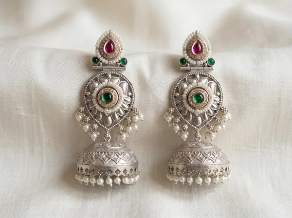 Silver_Pearl_Jhumka_Earrings_Green_Pink_Stone_Traditional