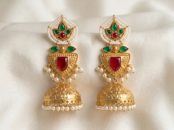 Gold_Plated_Pearl_Jhumka_Earrings_Green_Red_Stone_Ethnic