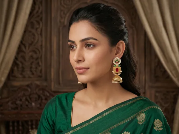 Gold_Plated_Pearl_Jhumka_Earrings_Green_Red_Stone_Ethnic