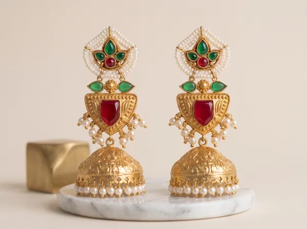 Gold_Plated_Pearl_Jhumka_Earrings_Green_Red_Stone_Ethnic
