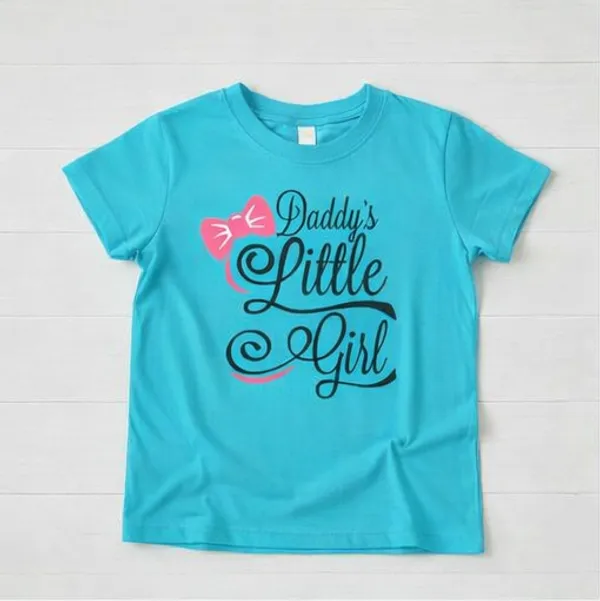 Daddy'S_Little_Girl_Printed_T-Shirt_For_Girls_-_Turquoise_Blue_With_Pink_Bow