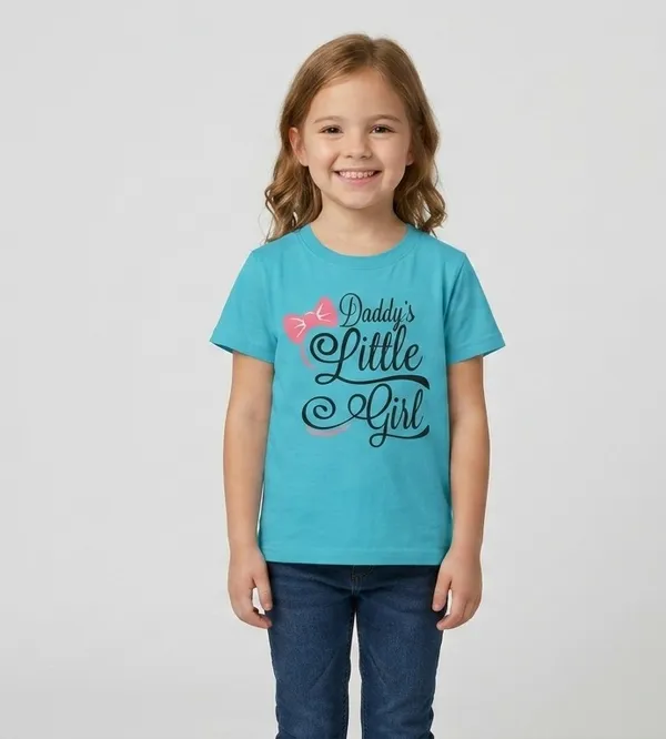 Daddy'S_Little_Girl_Printed_T-Shirt_For_Girls_-_Turquoise_Blue_With_Pink_Bow