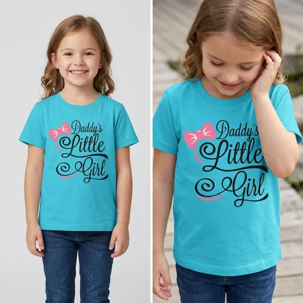 Daddy'S_Little_Girl_Printed_T-Shirt_For_Girls_-_Turquoise_Blue_With_Pink_Bow