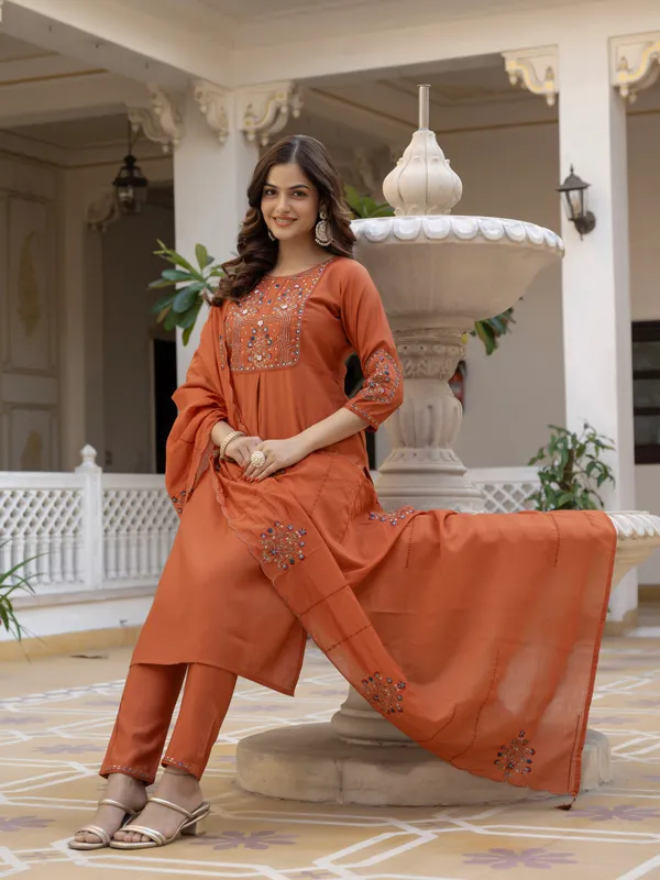 Rust_Orange_Viscose_Embroidered_Kurta_Pant_Set_For_Women
