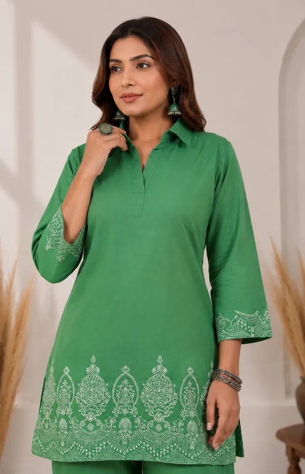 Green_Cotton_Jacquard_Co-Ord_Set_for_Women_|_Premium_Short_Kurti_with_Pant
