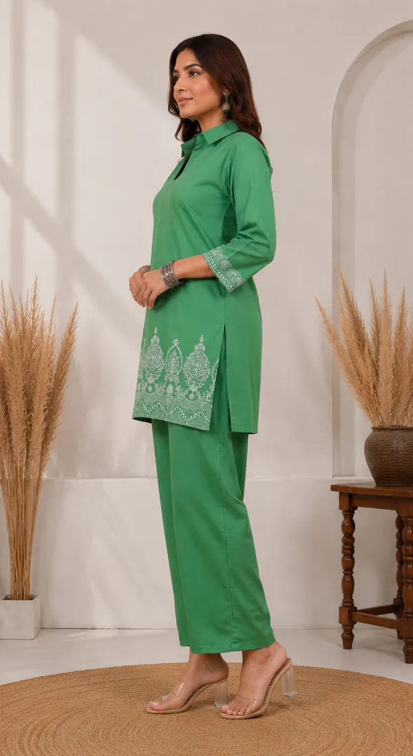 Green_Cotton_Jacquard_Co-Ord_Set_for_Women_|_Premium_Short_Kurti_with_Pant