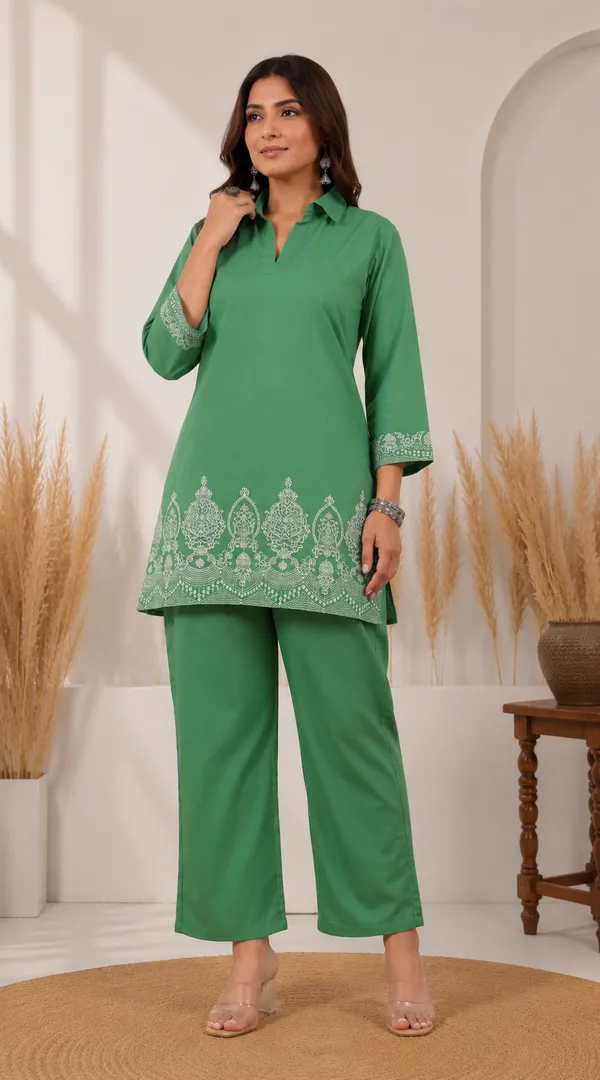 Green_Cotton_Jacquard_Co-Ord_Set_for_Women_|_Premium_Short_Kurti_with_Pant
