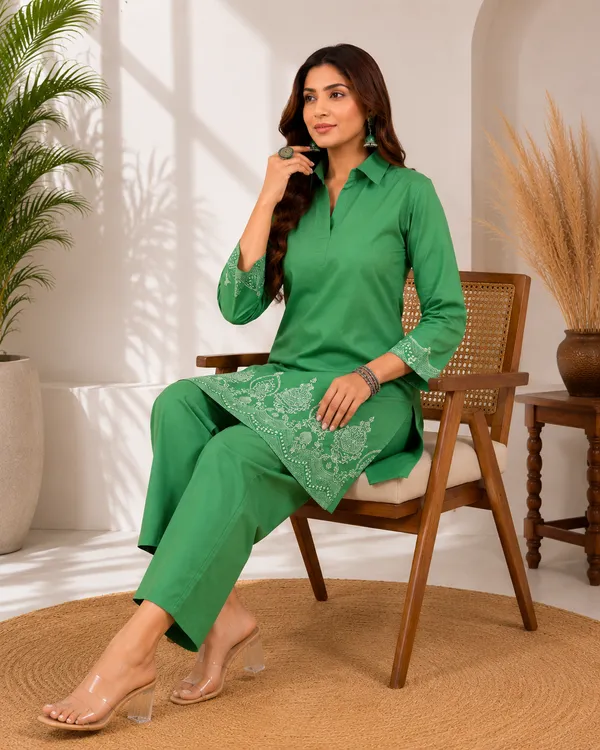 Green_Cotton_Jacquard_Co-Ord_Set_for_Women_|_Premium_Short_Kurti_with_Pant