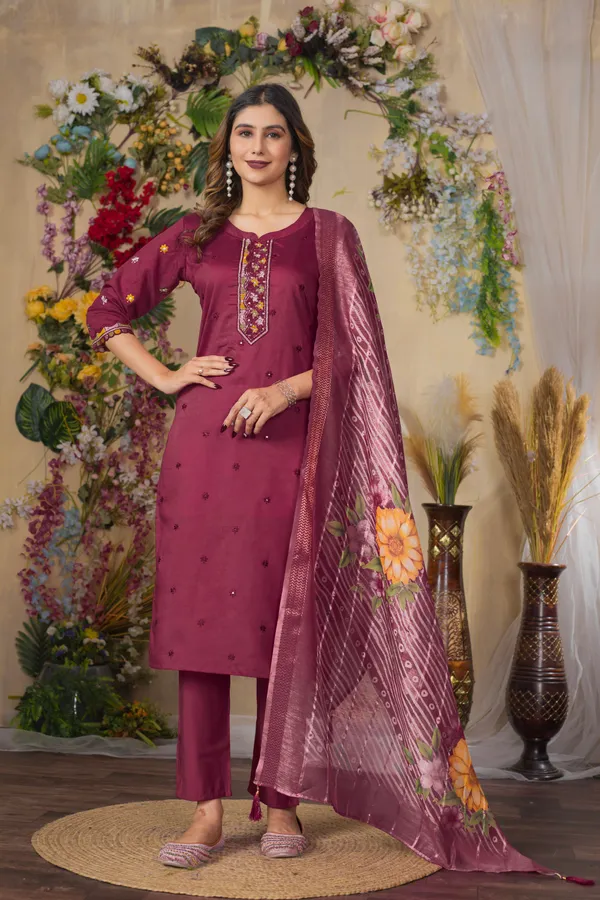 Wine_Roman_Silk_Embroidered_Kurta_Pant_Set_For_Women