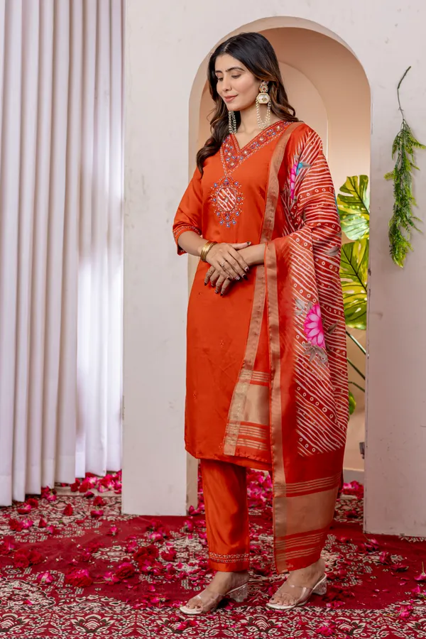 Orange_Viscose_Embroidered_Kurta_Pant_Set_For_Women