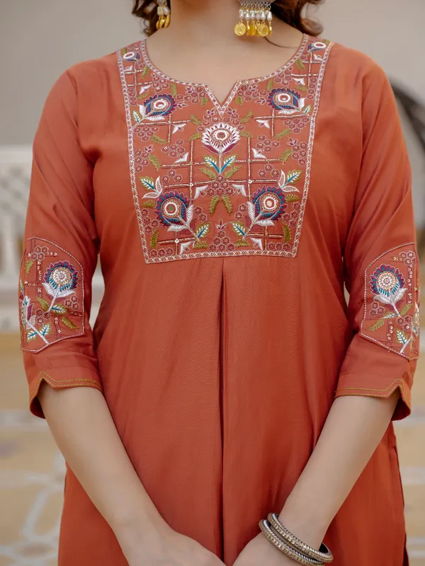 Rust_Orange_Viscose_Embroidered_Kurta_Pant_Set_For_Women