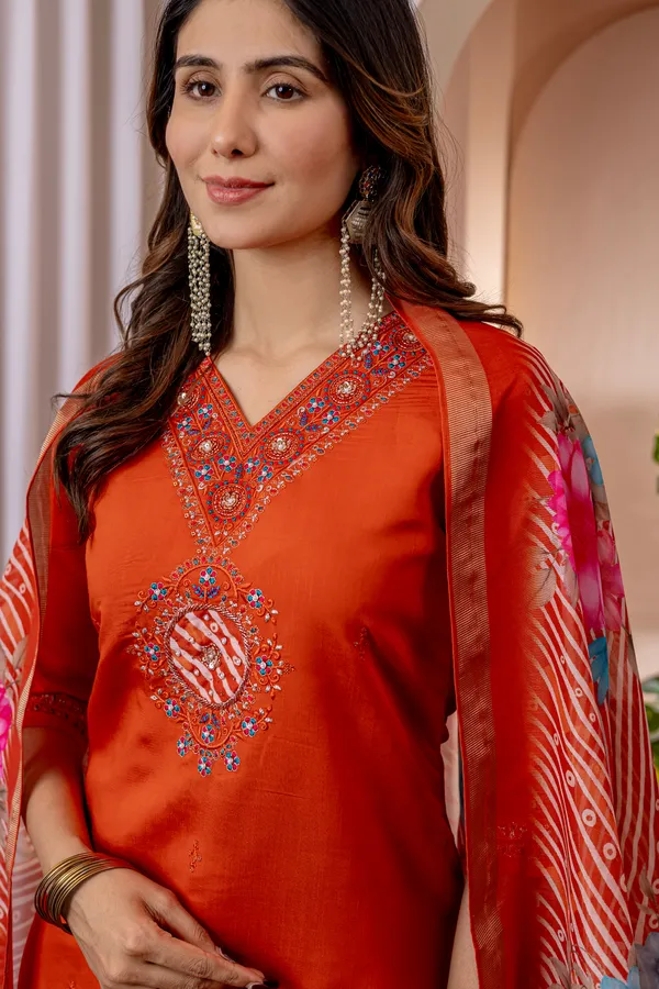 Orange_Viscose_Embroidered_Kurta_Pant_Set_For_Women