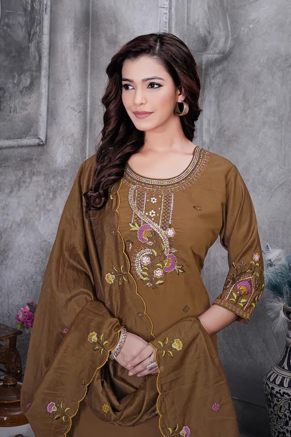 Dark_Brown_Romal_Silk_Embroidered_Kurta_Pant_Set_For_Women