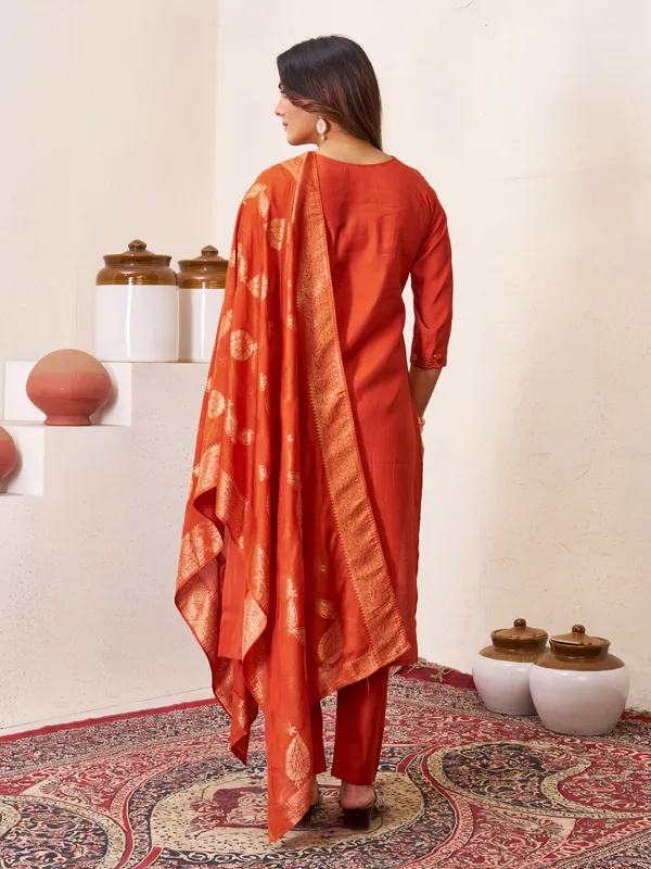 Rust__Orange_Romal_Silk_Sequins_Embroidered_Kurta_Pant_Set_For_Women