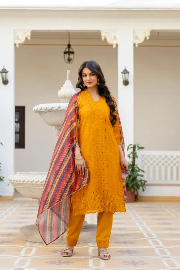 Yellow_Roman_Silk_Chikankari_Kurti_Pant_Set_with_Kota_Dupatta_|_Festive_Ethnic_Wear_for_Women